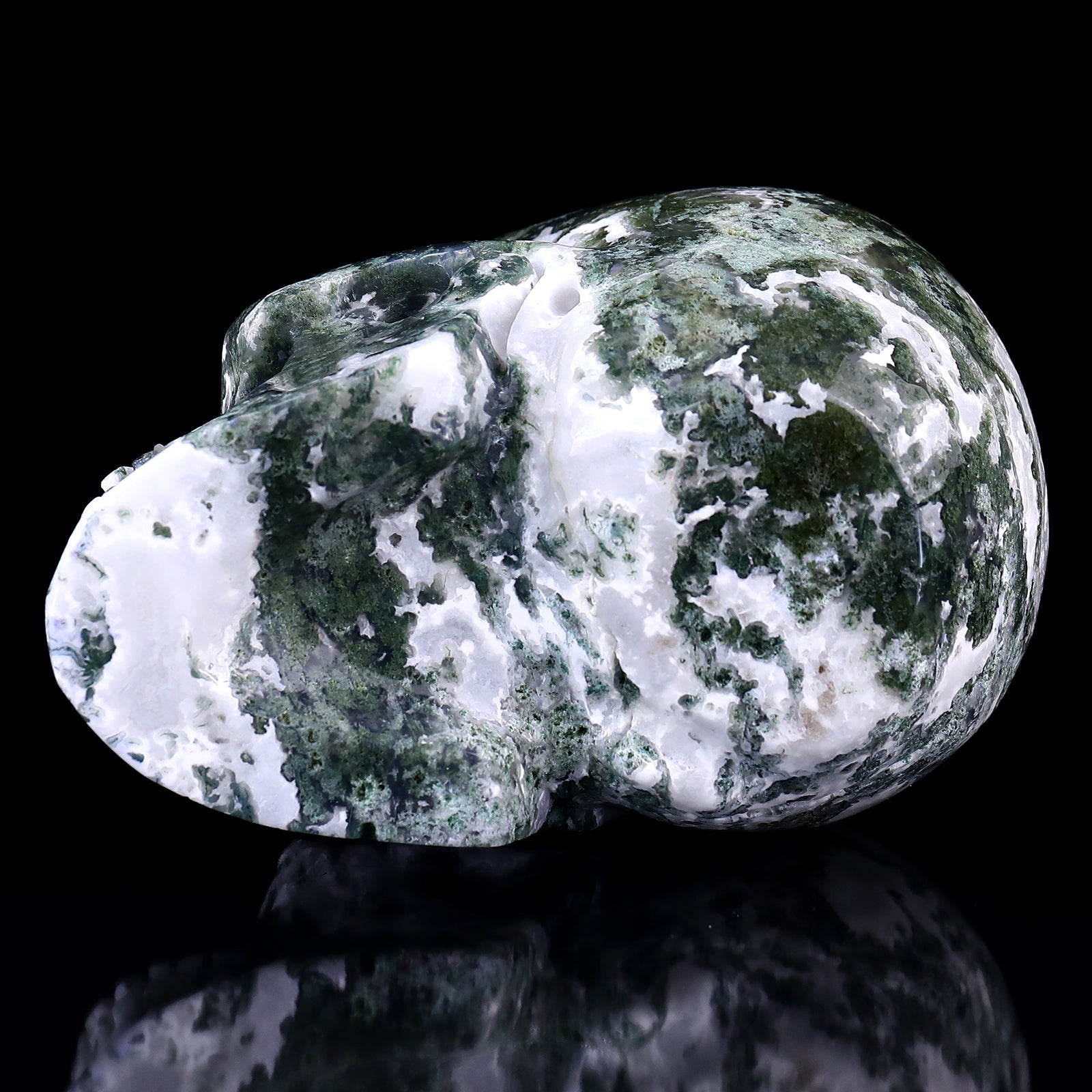 Nicedony 5.4" Moss Agate Hand Carved Realistic Skull Sculpture - View 6