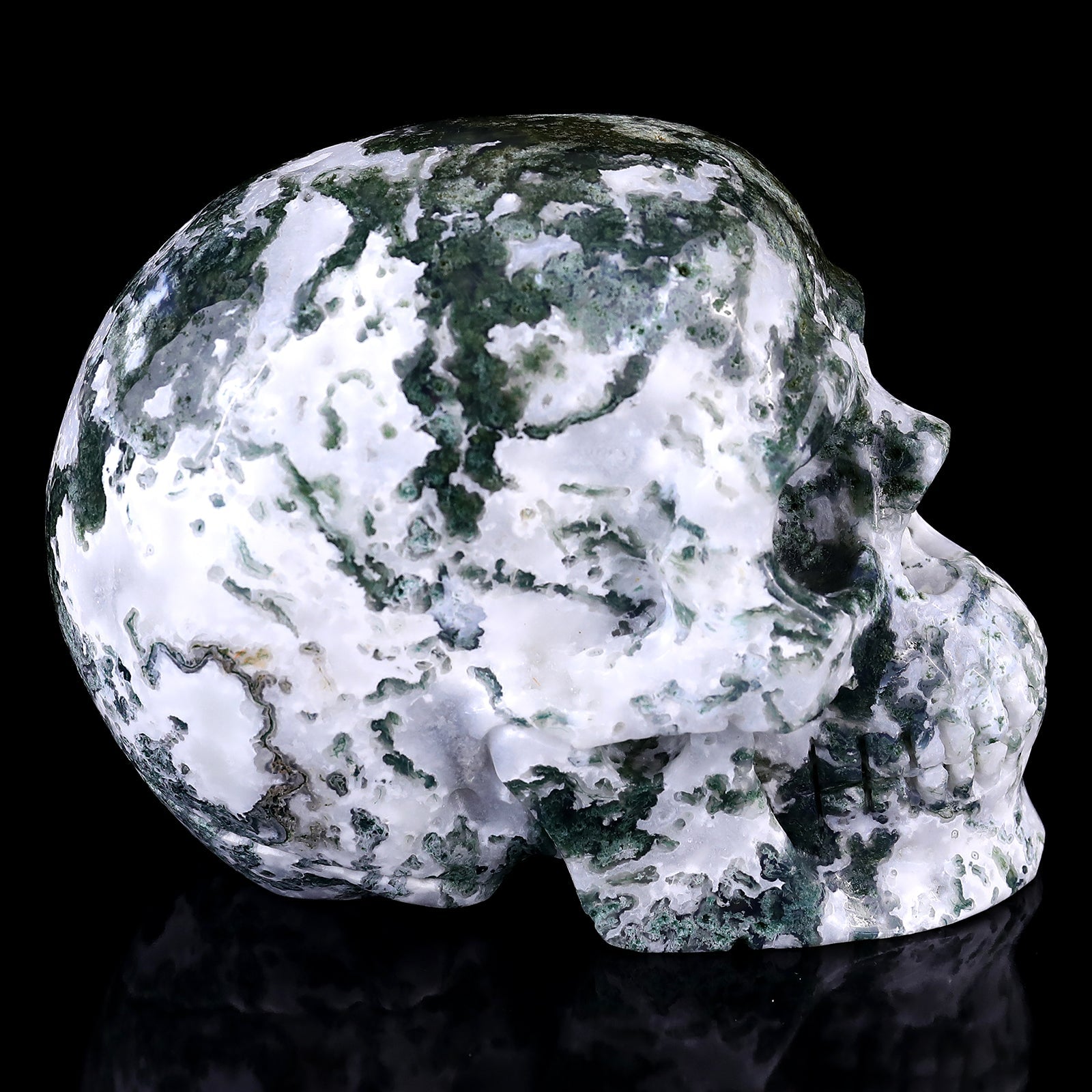 Nicedony 5.4" Moss Agate Hand Carved Realistic Skull Sculpture - View 3