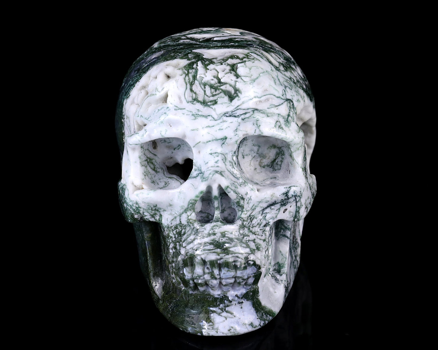 Nicedony 5.7" Moss Agate Hand Carved Realistic Skull Sculpture - View 3