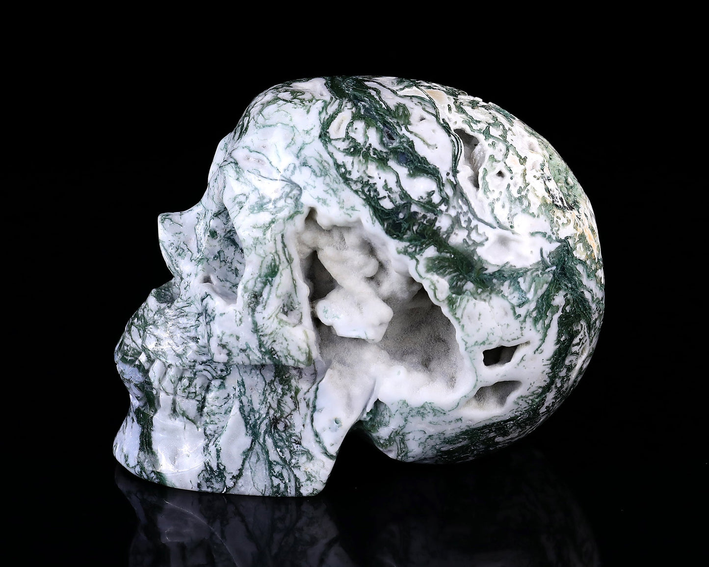 Nicedony 5.7" Moss Agate Hand Carved Realistic Skull Sculpture