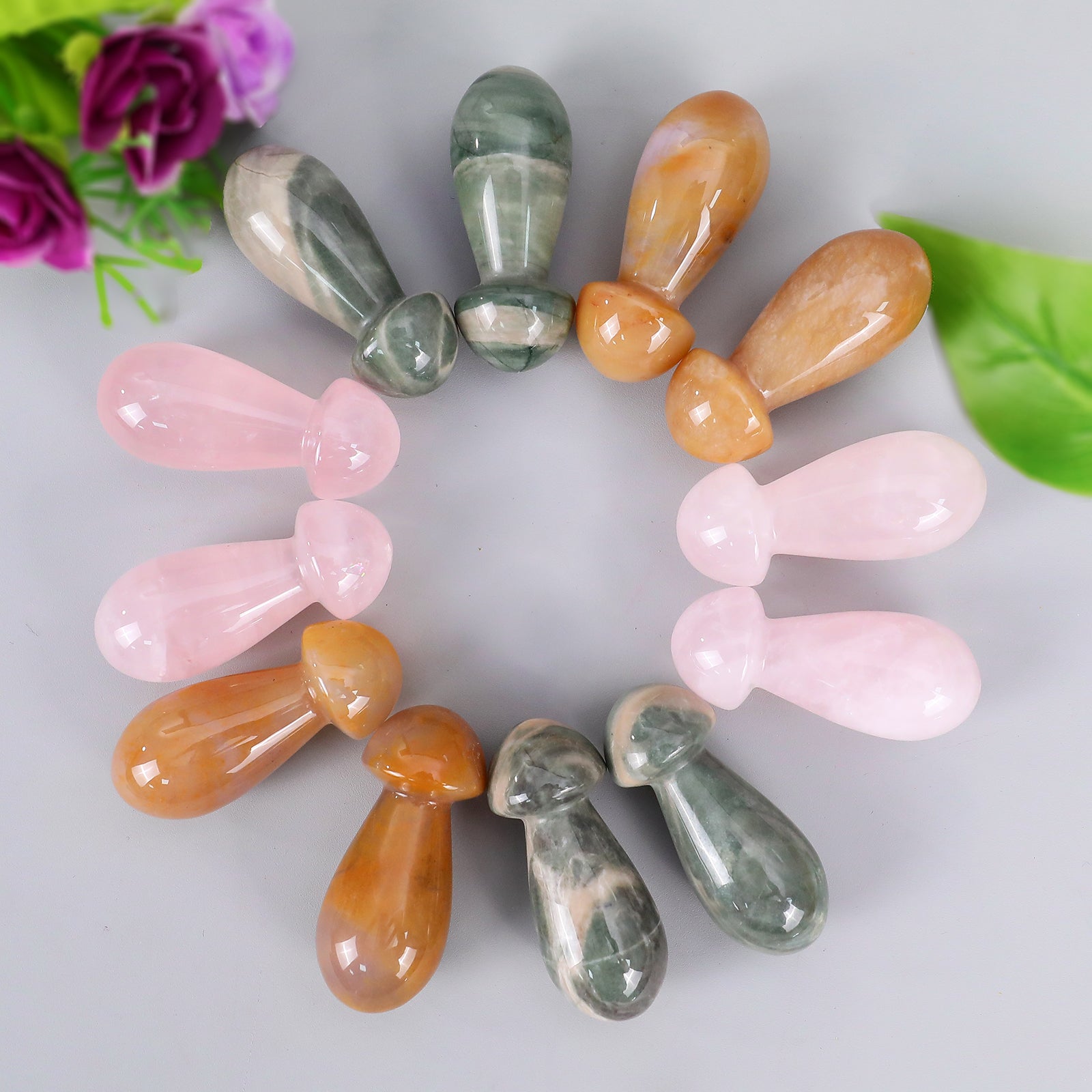 Nicedony 50mm Gemstone Hand Carved Crystal Mushroom Guasha Stick - Chalcedony