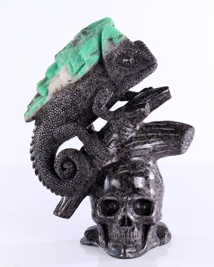 Nicedony 6.0" Emerald Hand Carved Crystal Lizard and Skull Sculpture