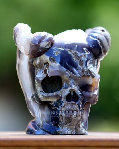 Nicedony 6.0" Quartz Rock Druse Hand Carved Geode Skull with Horn - View 4