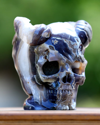 Nicedony 6.0" Quartz Rock Druse Hand Carved Geode Skull with Horn - View 2