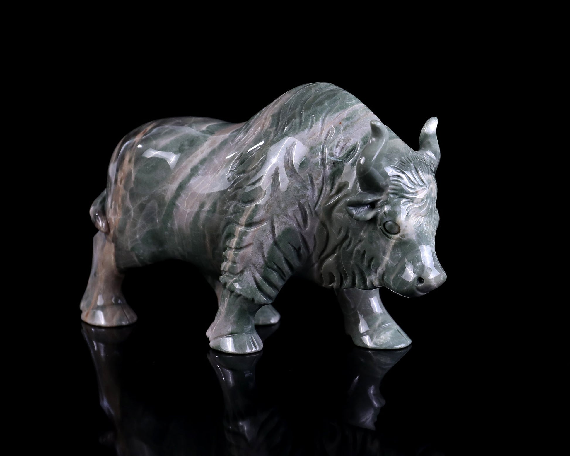 Nicedony 6.1" Jiulong Jade Hand Carved Crystal Cattle Sculpture