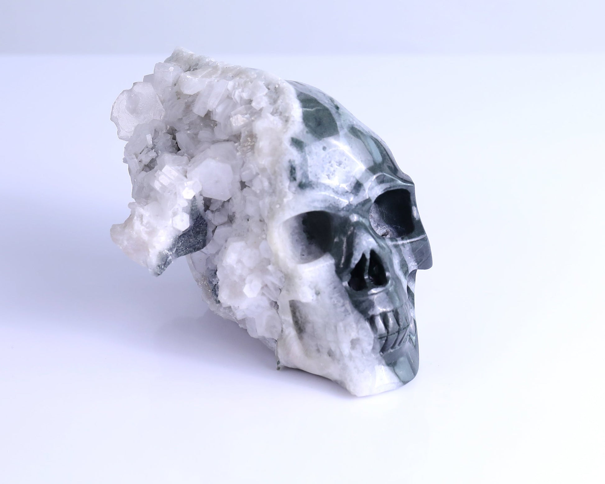 Nicedony 6.1" Quartz Rock Druse Hand Carved Skull Sculpture