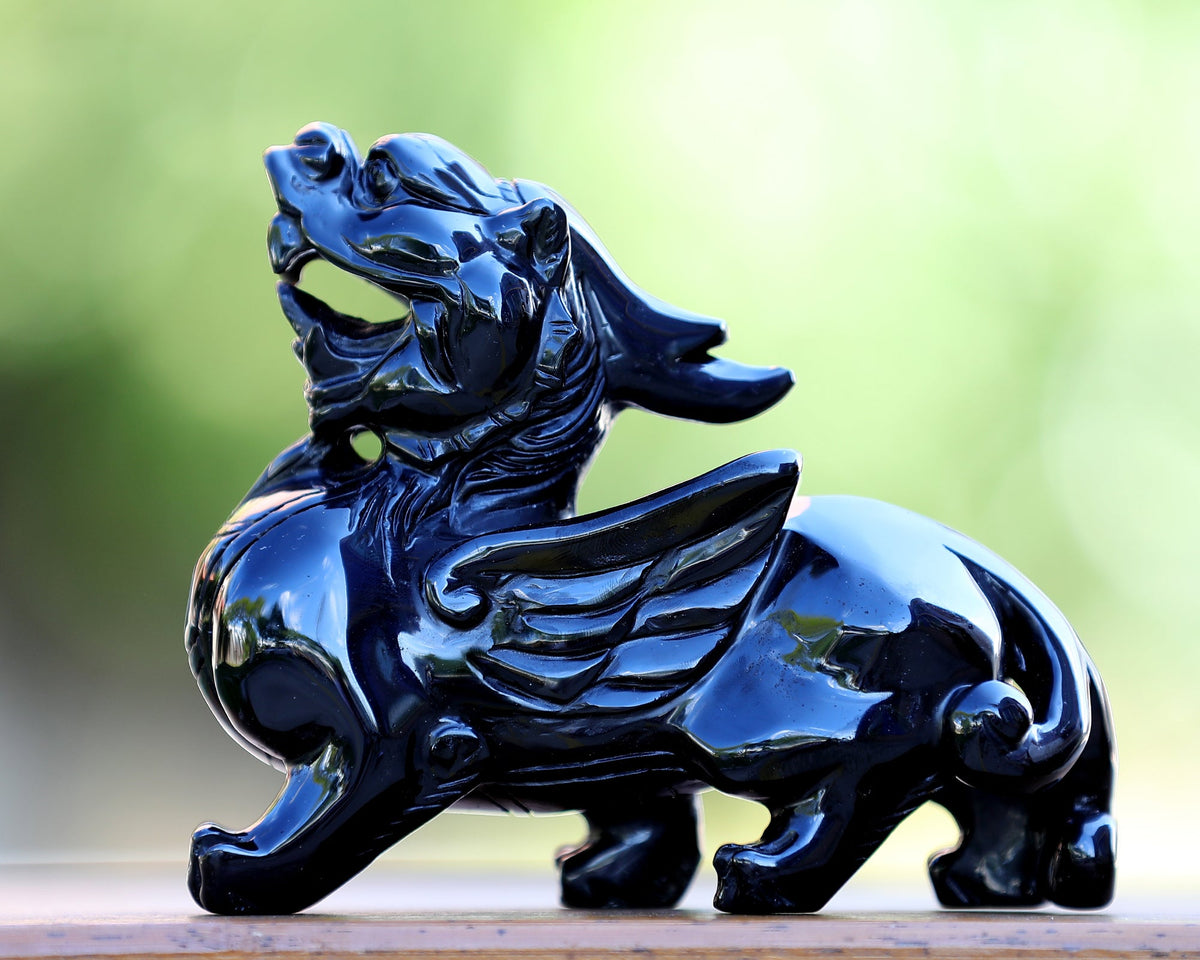 Nicedony 6.2" Black Obsidian Hand Carved Crystal Kylin Sculpture (SKU: 3100423) - Photo 3