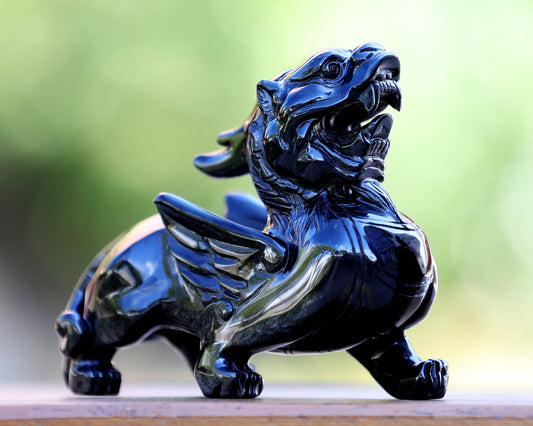 Nicedony 6.2" Black Obsidian Hand Carved Crystal Kylin Sculpture