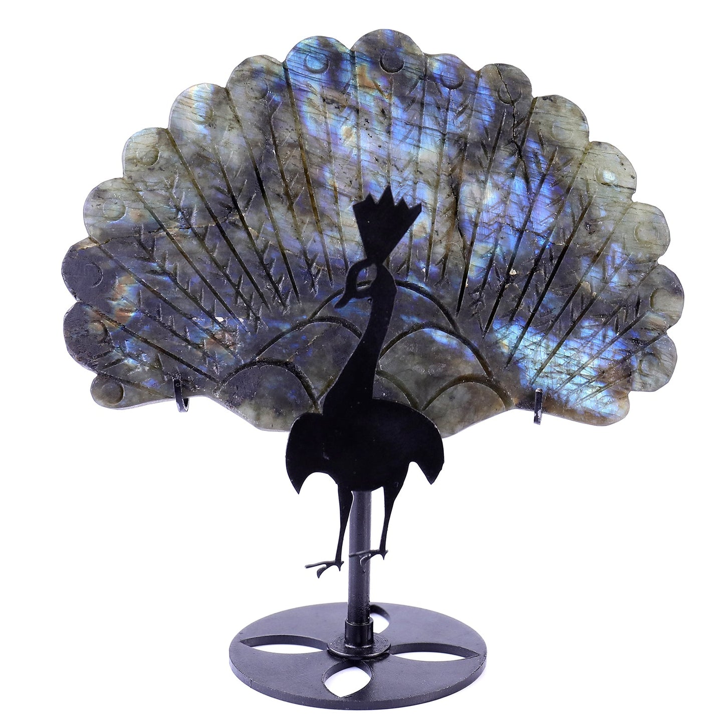 Nicedony 6.2" Labradorite Hand Carved Peacock Tail Wings Sculpture
