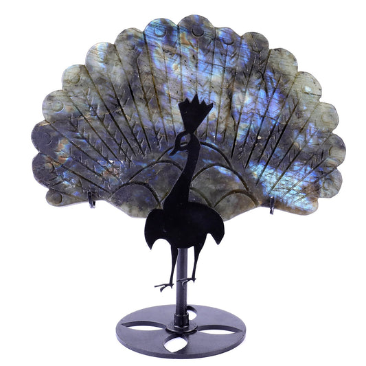 Nicedony 6.2" Labradorite Hand Carved Peacock Tail Wings Sculpture
