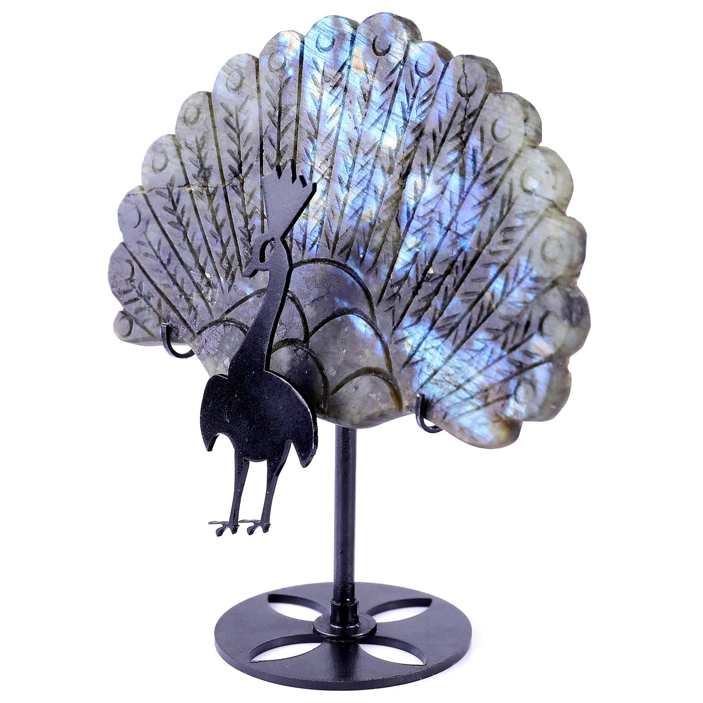 Nicedony 6.2" Labradorite Hand Carved Peacock Tail Wings Sculpture - View 7