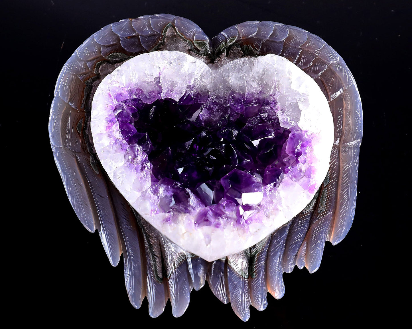 Nicedony 6.3" Amethyst Druse Agate Hand Carved Angel Wings Sculpture