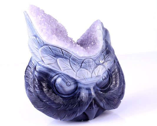 Nicedony 6.3" Amethyst Geode Agate Hand Carved Crystal Owl Sculpture