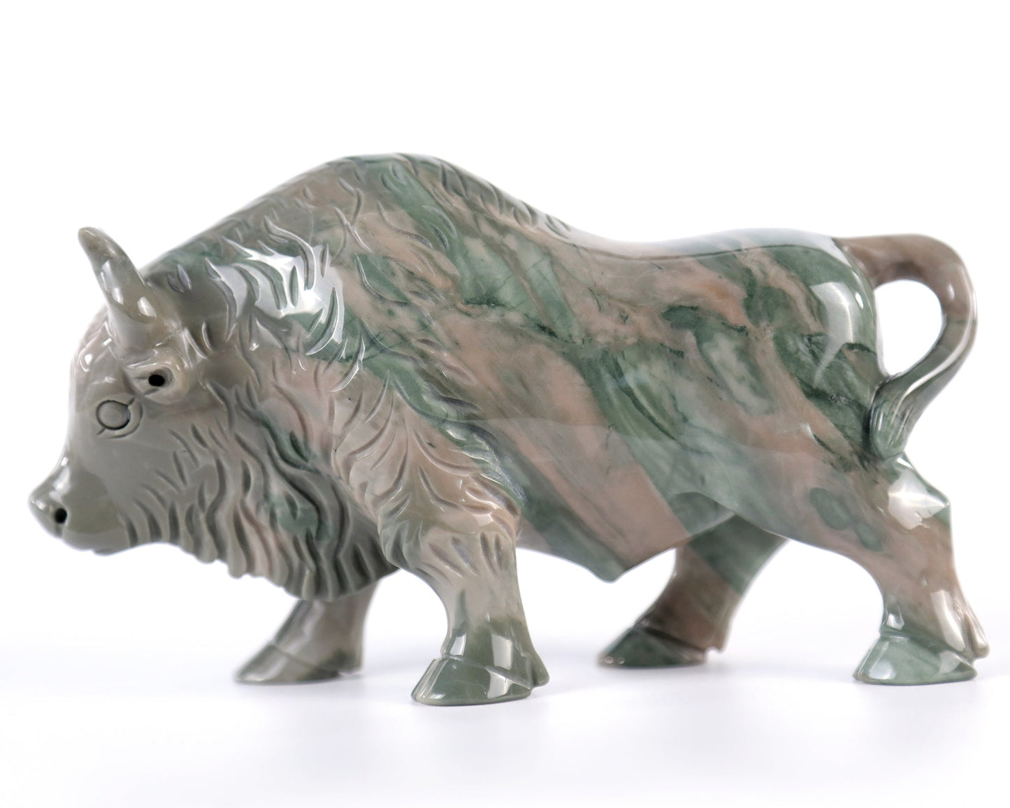 Nicedony 6.3" Jiulong Jade Hand Carved Crystal Cattle Sculpture - #3100006