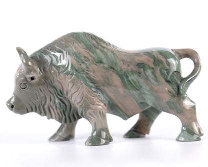 Nicedony 6.3" Jiulong Jade Hand Carved Crystal Cattle Sculpture - #3100006