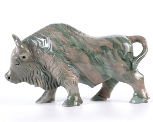 Nicedony 6.3" Jiulong Jade Hand Carved Crystal Cattle Sculpture - #3100006
