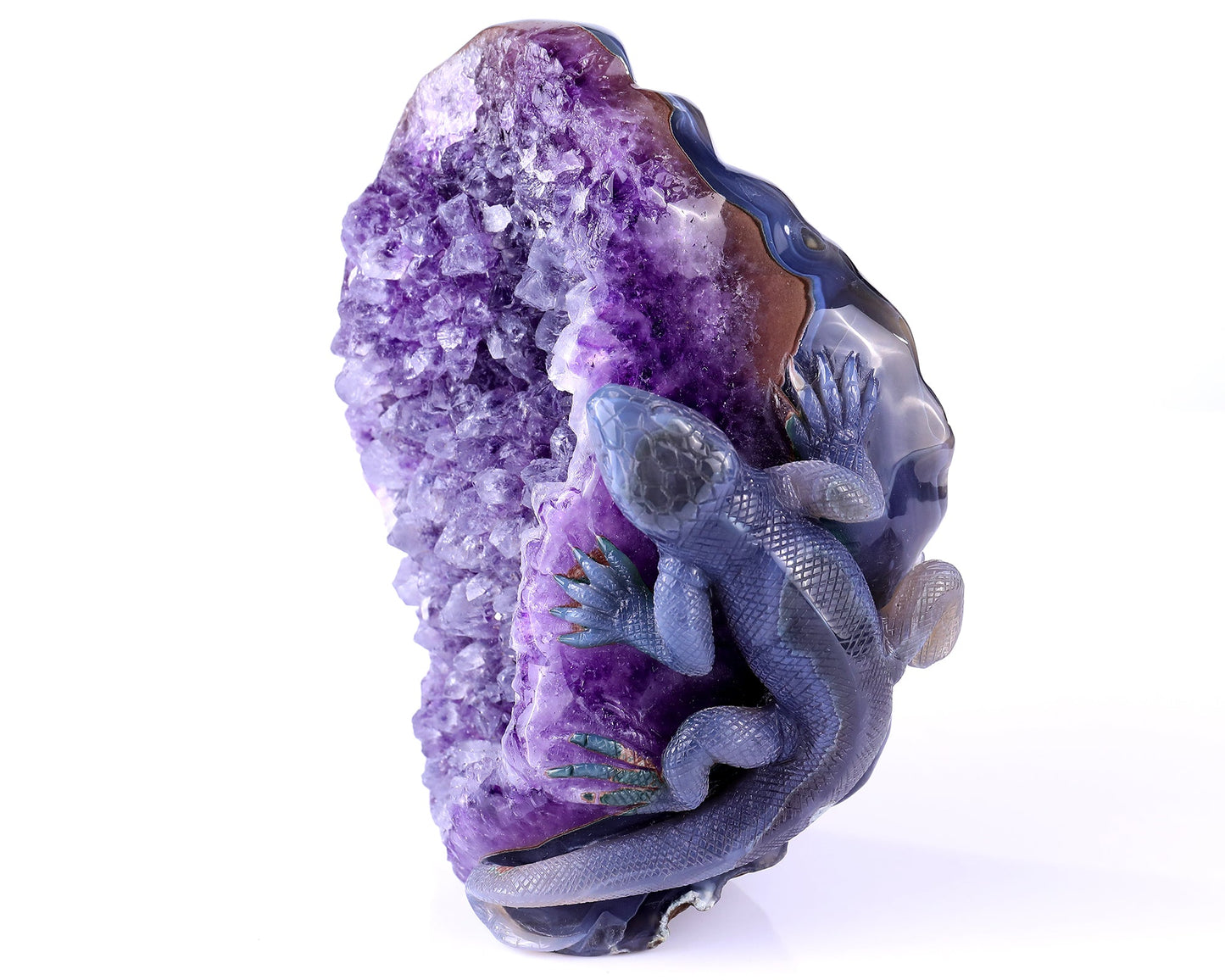Nicedony 6.4" Amethyst Geode Agate Hand Carved Lizard Sculpture