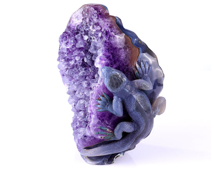 Nicedony 6.4" Amethyst Geode Agate Hand Carved Lizard Sculpture
