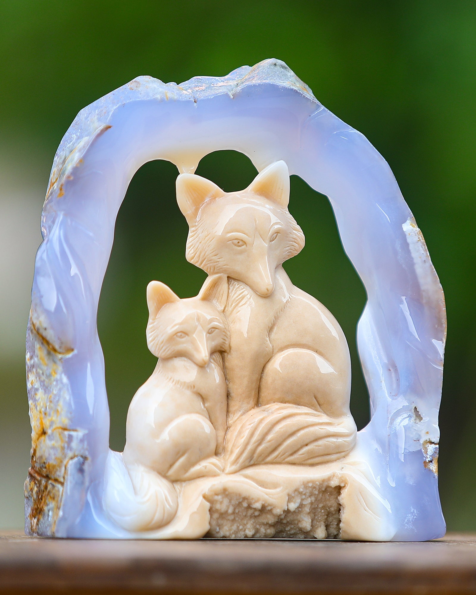 Nicedony 6.5" Blue Chalcedony Hand Carved Crystal Foxes Sculpture - View 2