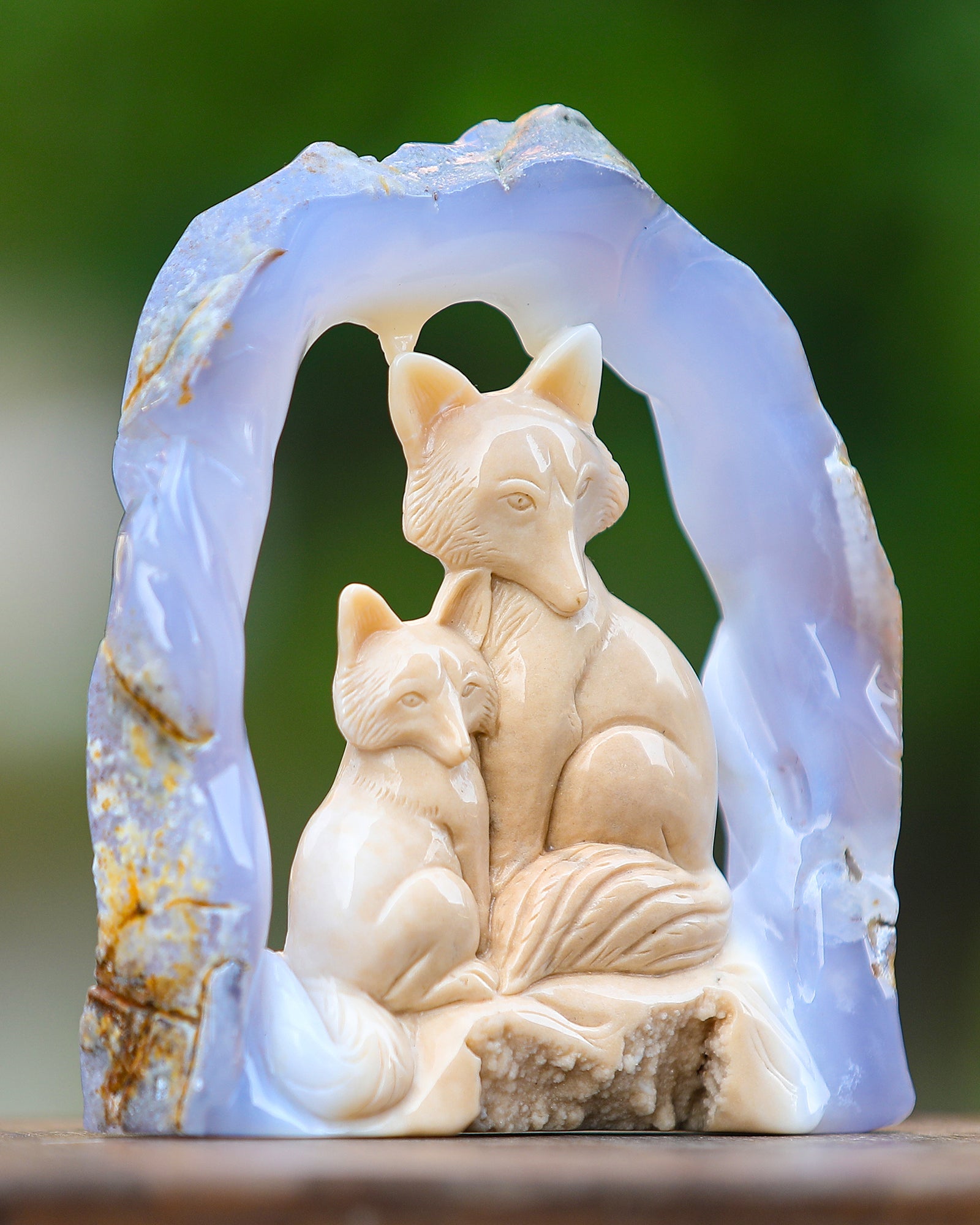 Nicedony 6.5" Blue Chalcedony Hand Carved Crystal Foxes Sculpture - View 3