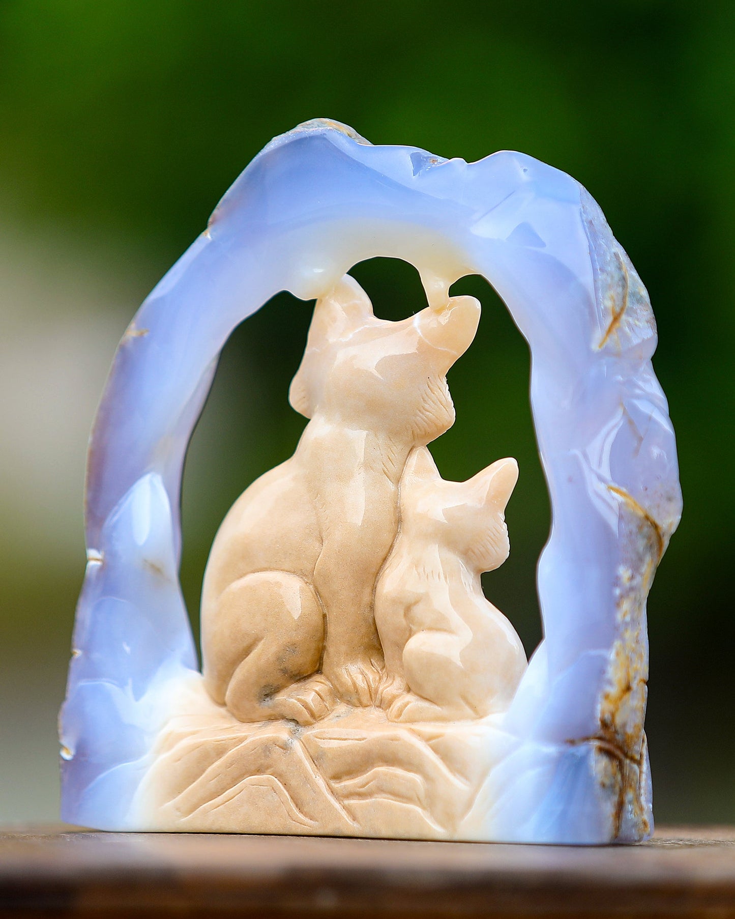 Nicedony 6.5" Blue Chalcedony Hand Carved Crystal Foxes Sculpture - View 4