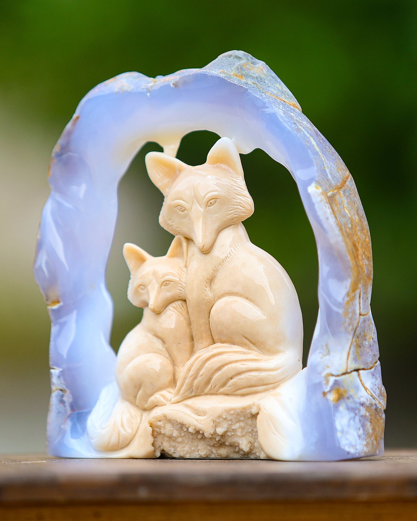 Nicedony 6.5" Blue Chalcedony Hand Carved Crystal Foxes Sculpture - View 6