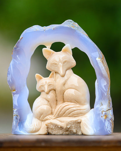 Nicedony 6.5" Blue Chalcedony Hand Carved Crystal Foxes Sculpture - View 7