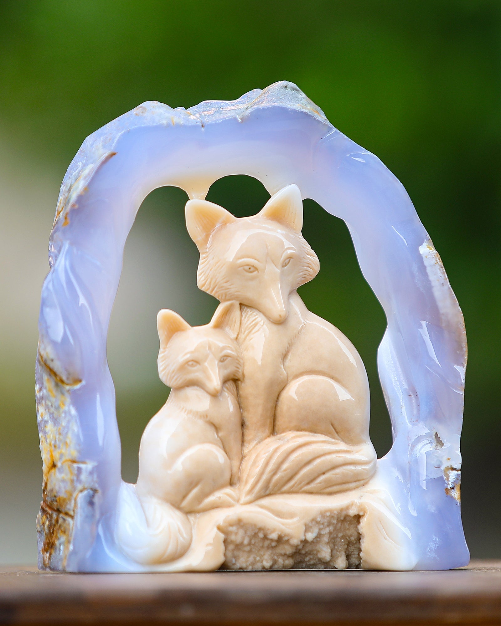 Nicedony 6.5" Blue Chalcedony Hand Carved Crystal Foxes Sculpture - View 8