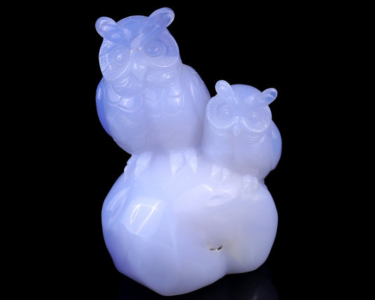 Nicedony 6.5" Blue Chalcedony Hand Carved Crystal Owls Sculpture