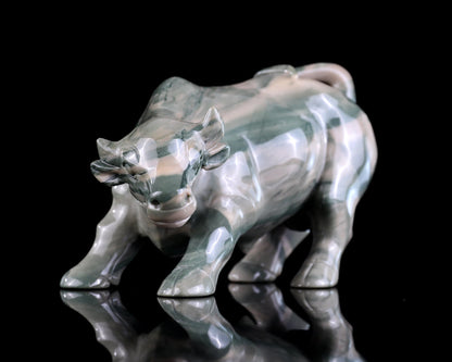Nicedony 6.5" Jiulong Jade Hand Carved Crystal Cattle Sculpture