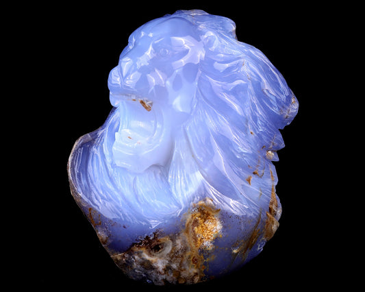 Nicedony 6.7" Blue Chalcedony Hand Carved Crystal Lion Head Sculpture