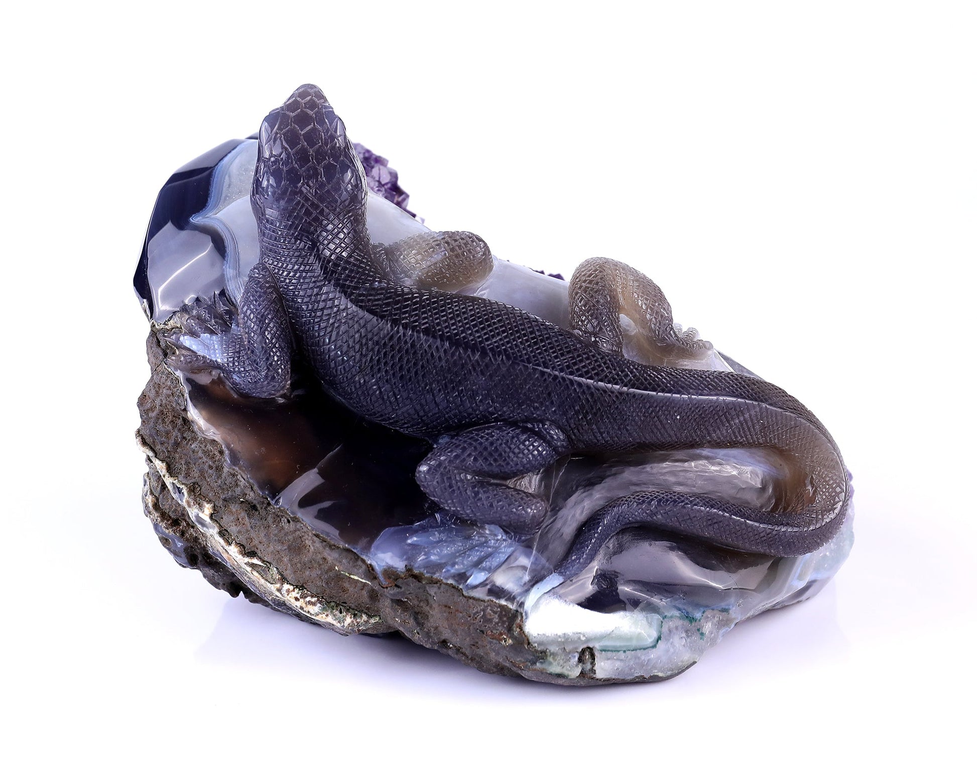 Nicedony 7.1" Amethyst Druse Agate Hand Carved Lizard Sculpture - View 8
