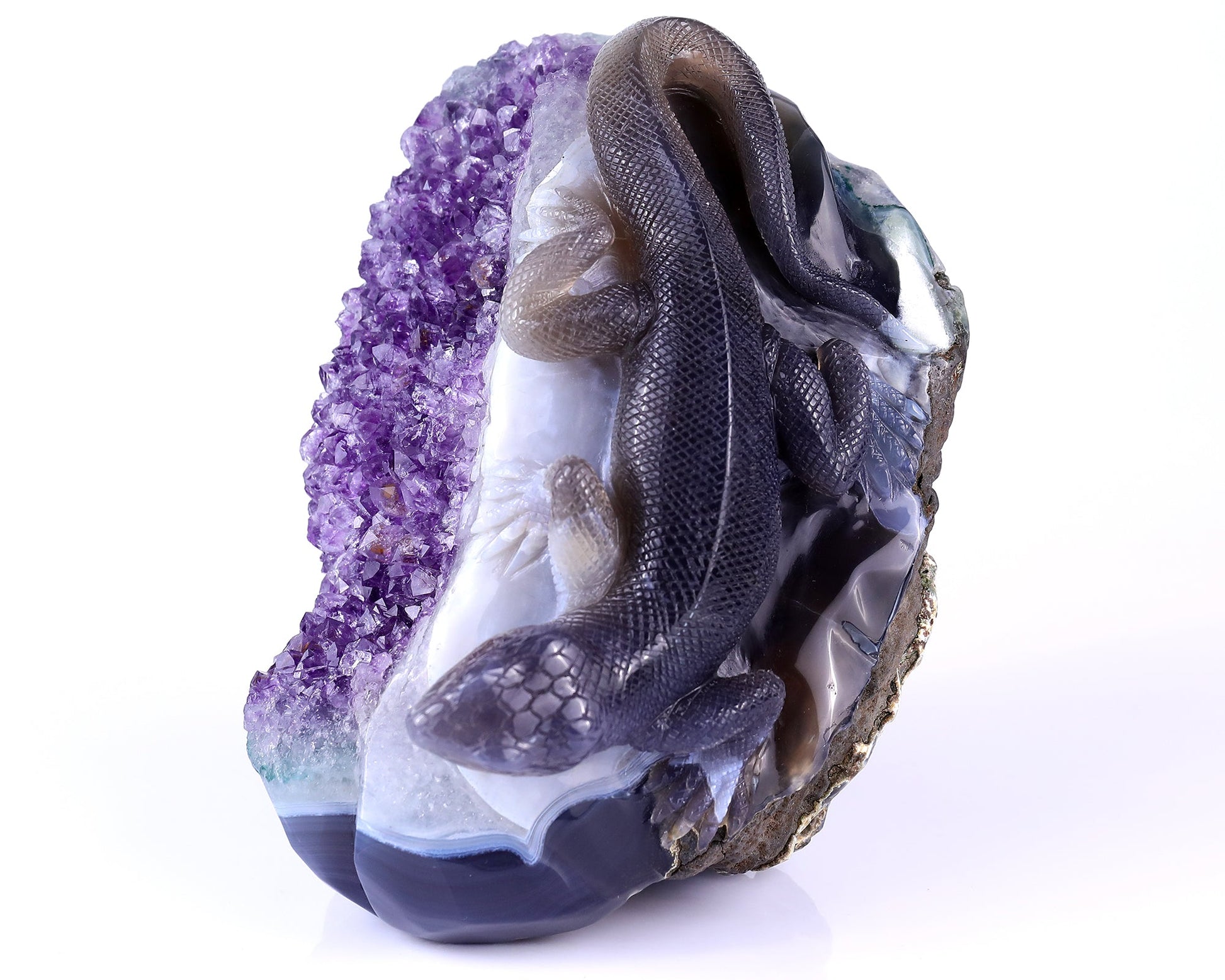 Nicedony 7.1" Amethyst Druse Agate Hand Carved Lizard Sculpture - View 7