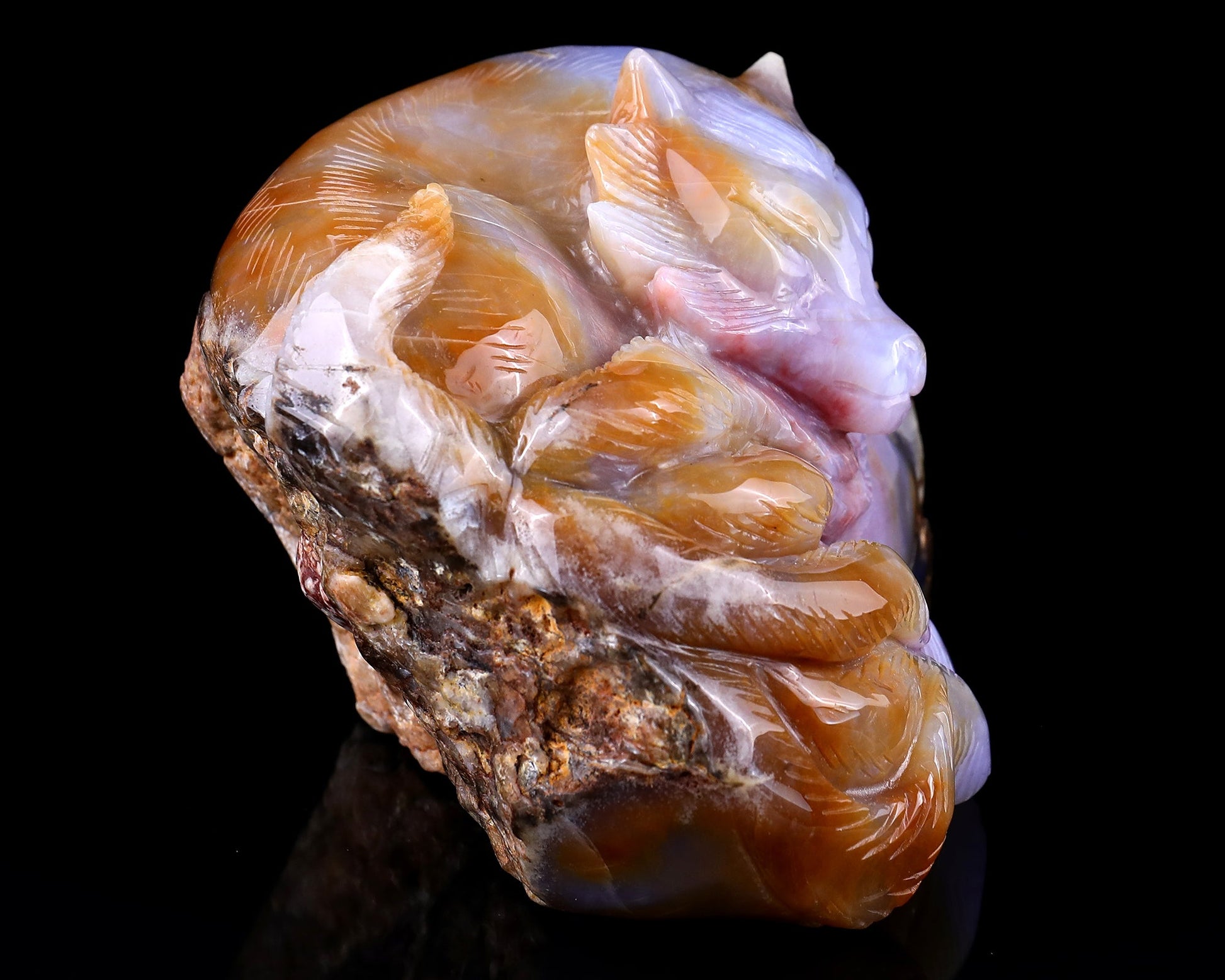 Nicedony 7.1" Chalcedony Hand Carved Nine-tail Foxes Sculpture - View 3