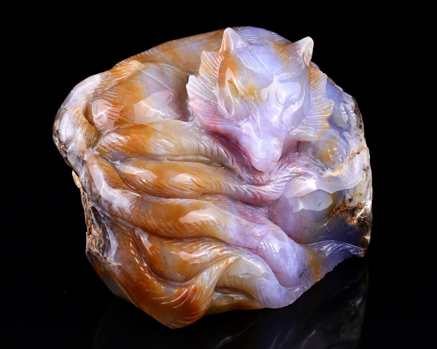Nicedony 7.1" Chalcedony Hand Carved Nine-tail Foxes Sculpture