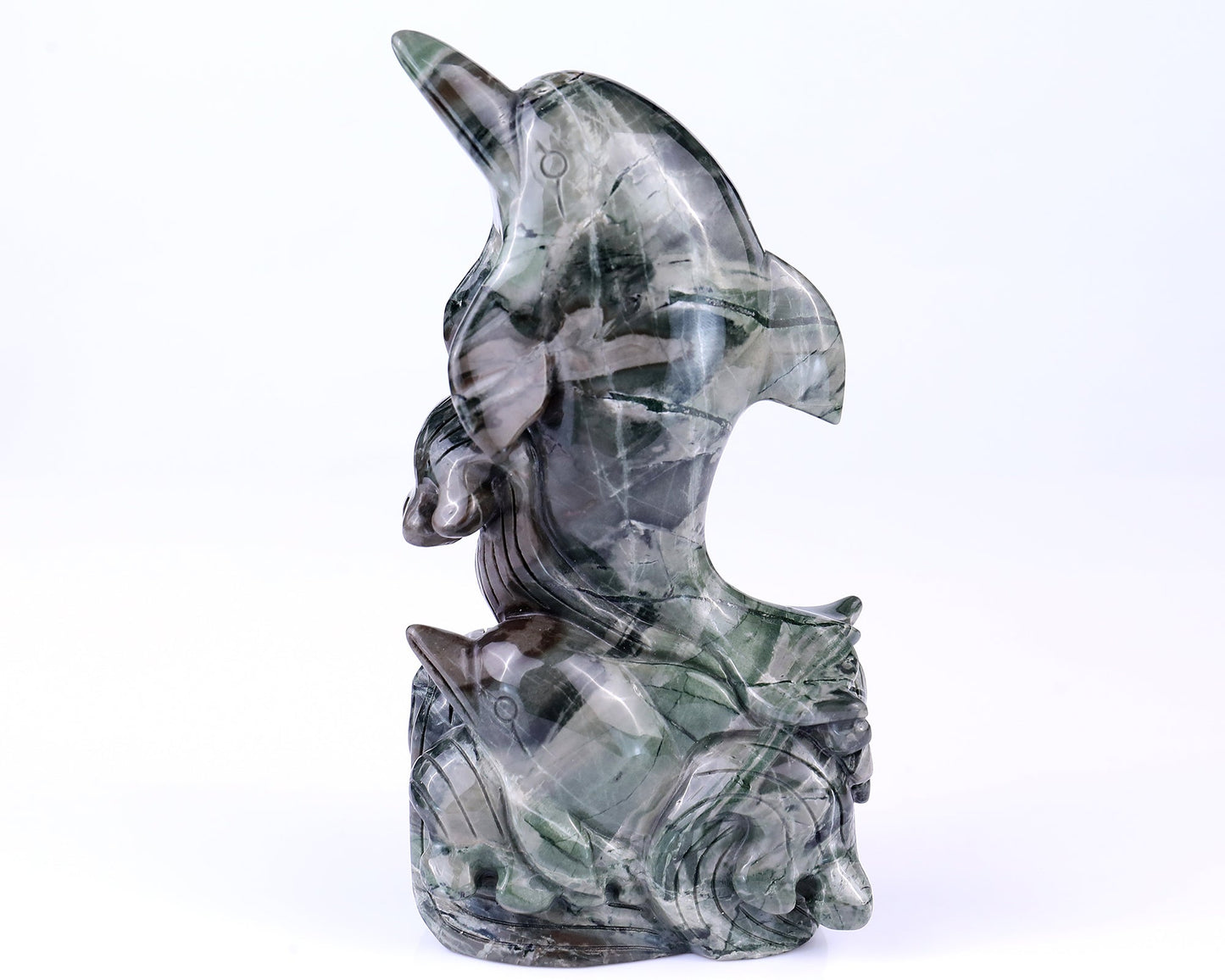 Nicedony 7.1" Jiulong Jade Hand Carved Crystal Dolphins Sculpture - View 4