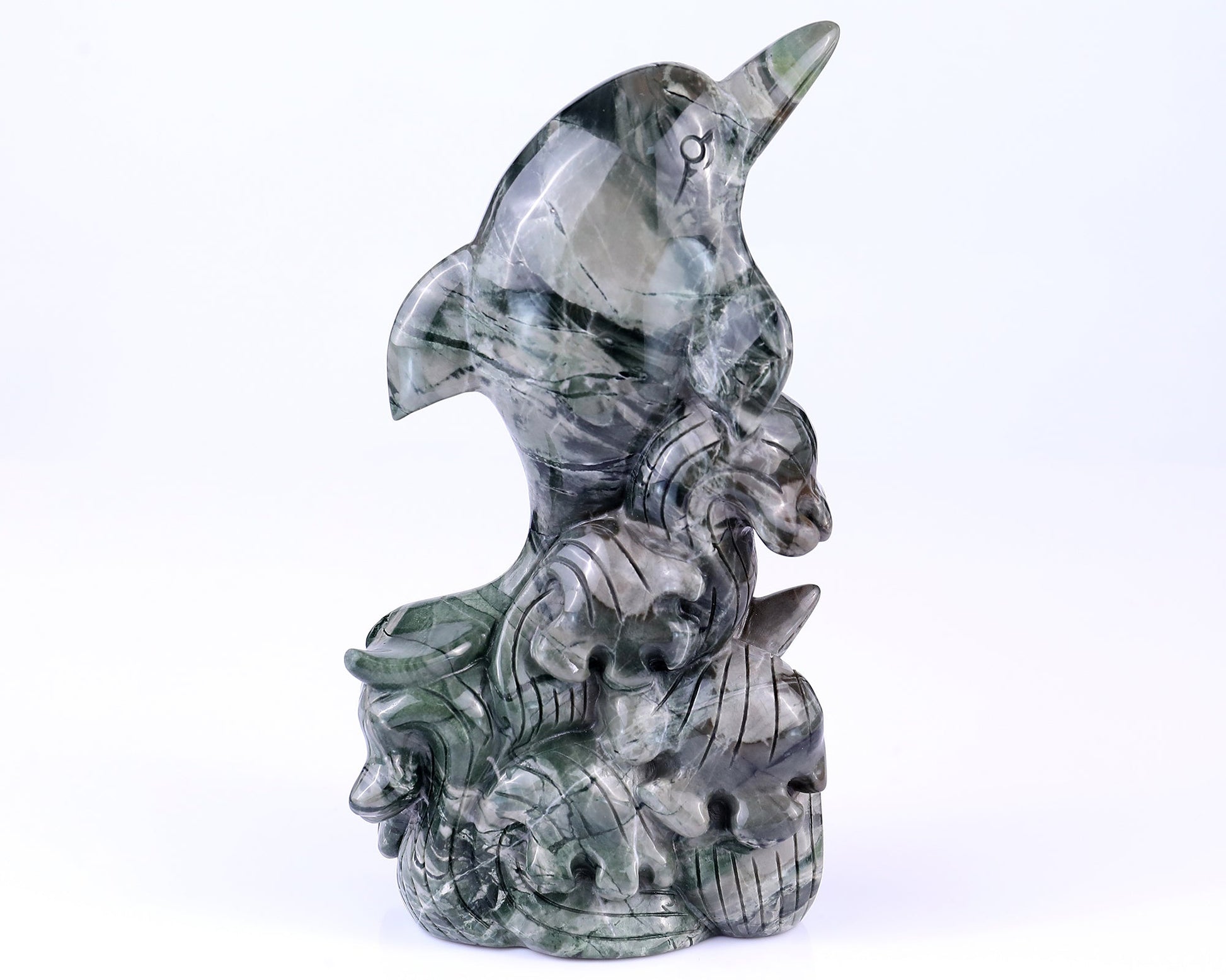 Nicedony 7.1" Jiulong Jade Hand Carved Crystal Dolphins Sculpture - View 3