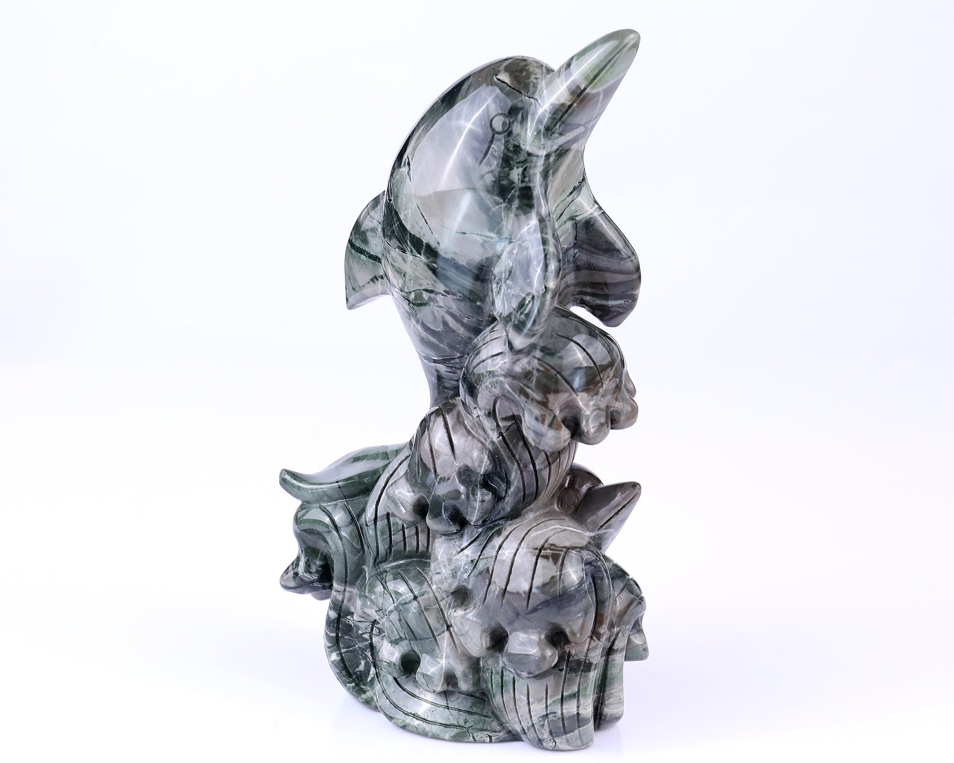 Nicedony 7.1" Jiulong Jade Hand Carved Crystal Dolphins Sculpture