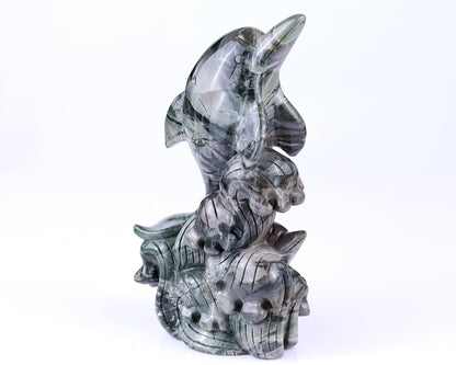 Nicedony 7.1" Jiulong Jade Hand Carved Crystal Dolphins Sculpture