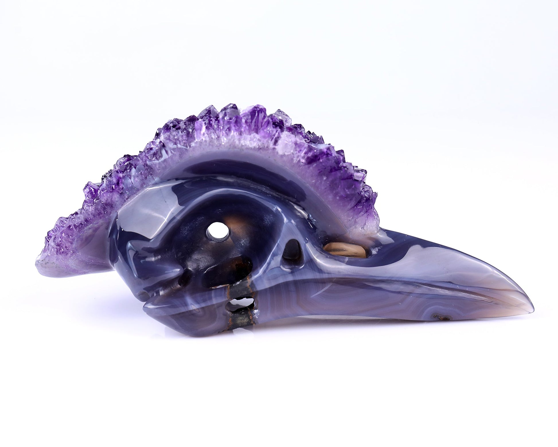 Nicedony 7.2" Amethyst Druse Agate Hand Carved Crystal Geode Raven Skull Sculpture - View 2