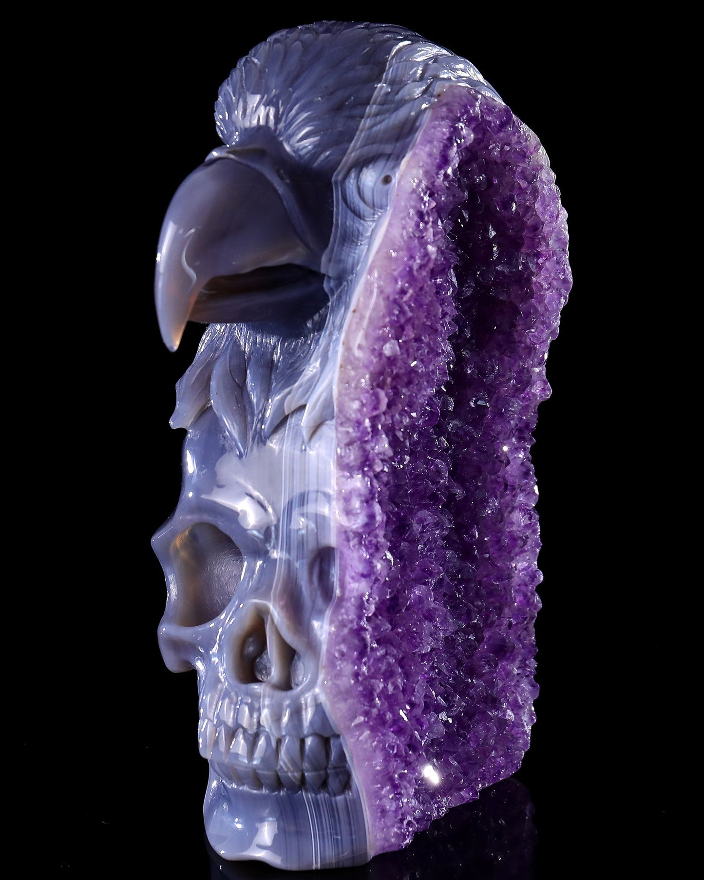 Nicedony Unique 7.2" Amethyst Druse Agate Hand Carved Mineral Specimen Skull and Eagle Sculpture - View 2