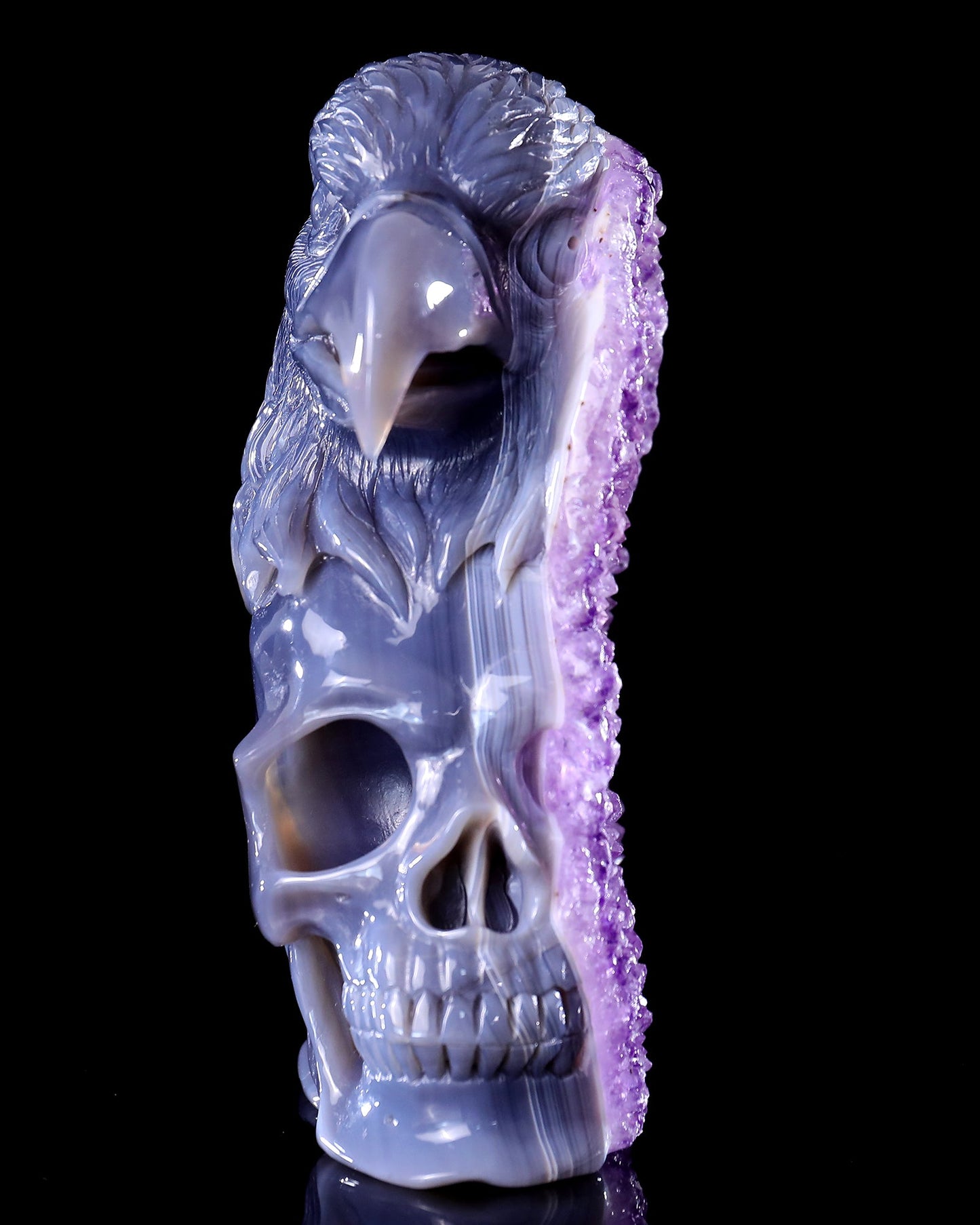 Nicedony Unique 7.2" Amethyst Druse Agate Hand Carved Mineral Specimen Skull and Eagle Sculpture - View 6