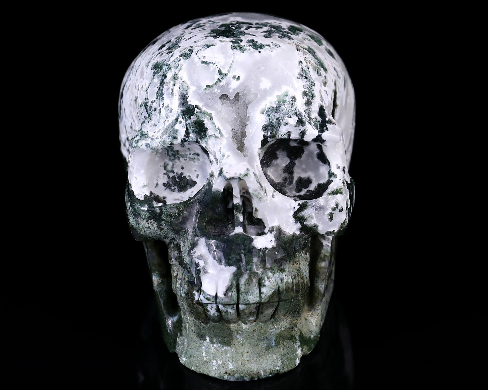 Nicedony 7.3" Moss Agate Hand Carved Realistic Skull Sculpture - View 2