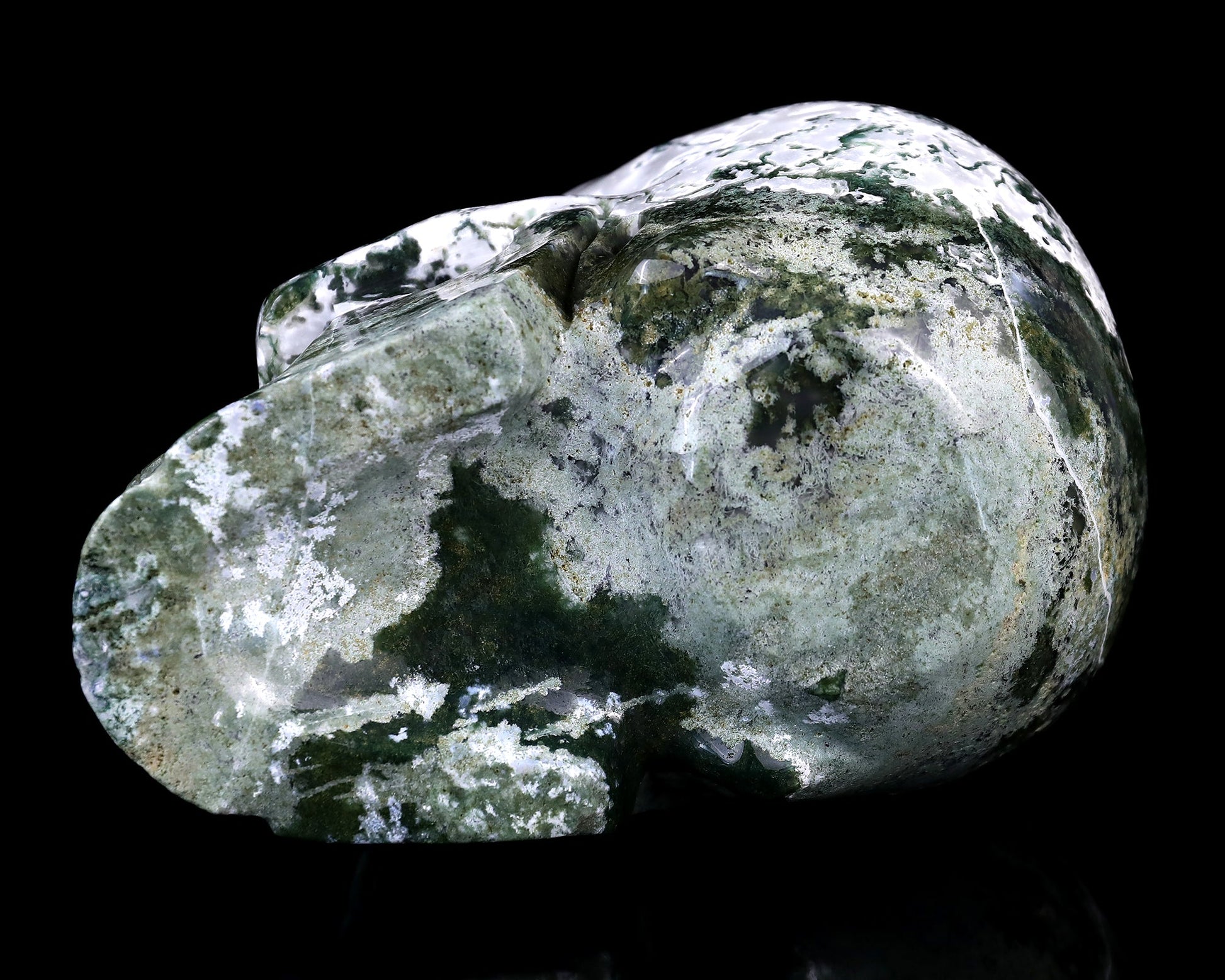 Nicedony 7.3" Moss Agate Hand Carved Realistic Skull Sculpture - View 4