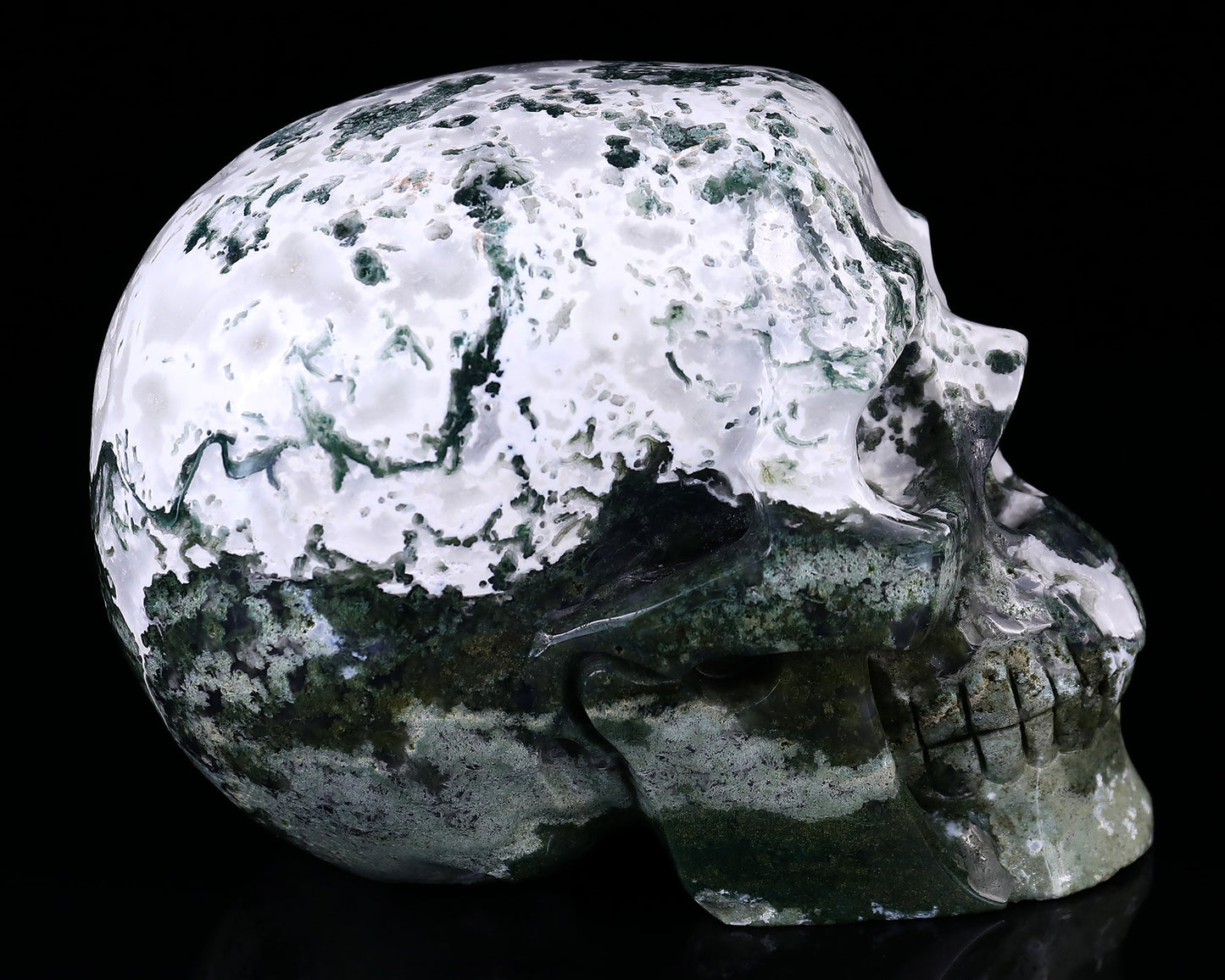 Nicedony 7.3" Moss Agate Hand Carved Realistic Skull Sculpture - View 3