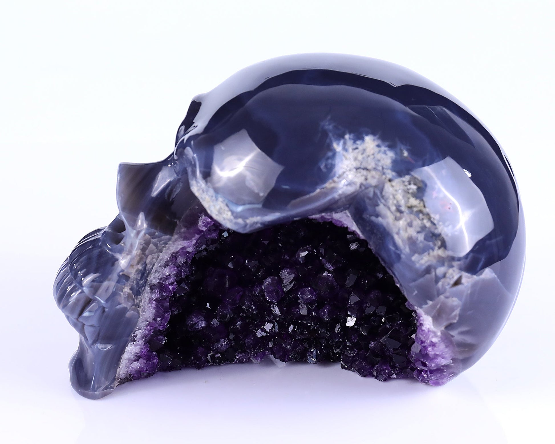 Nicedony 7.5" Amethyst Geode Agate Hand Carved Crystal Geode Skull Sculpture - View 3