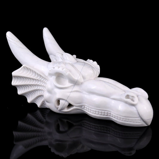 Nicedony 7.9" White Jade Hand Carved Crystal Dragon Skull Sculpture