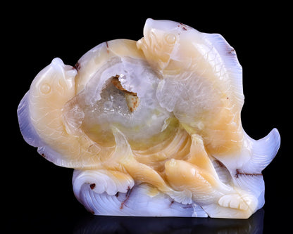 Nicedony 8.3" Blue Chalcedony Hand Carved Crystal Fishes Sculpture