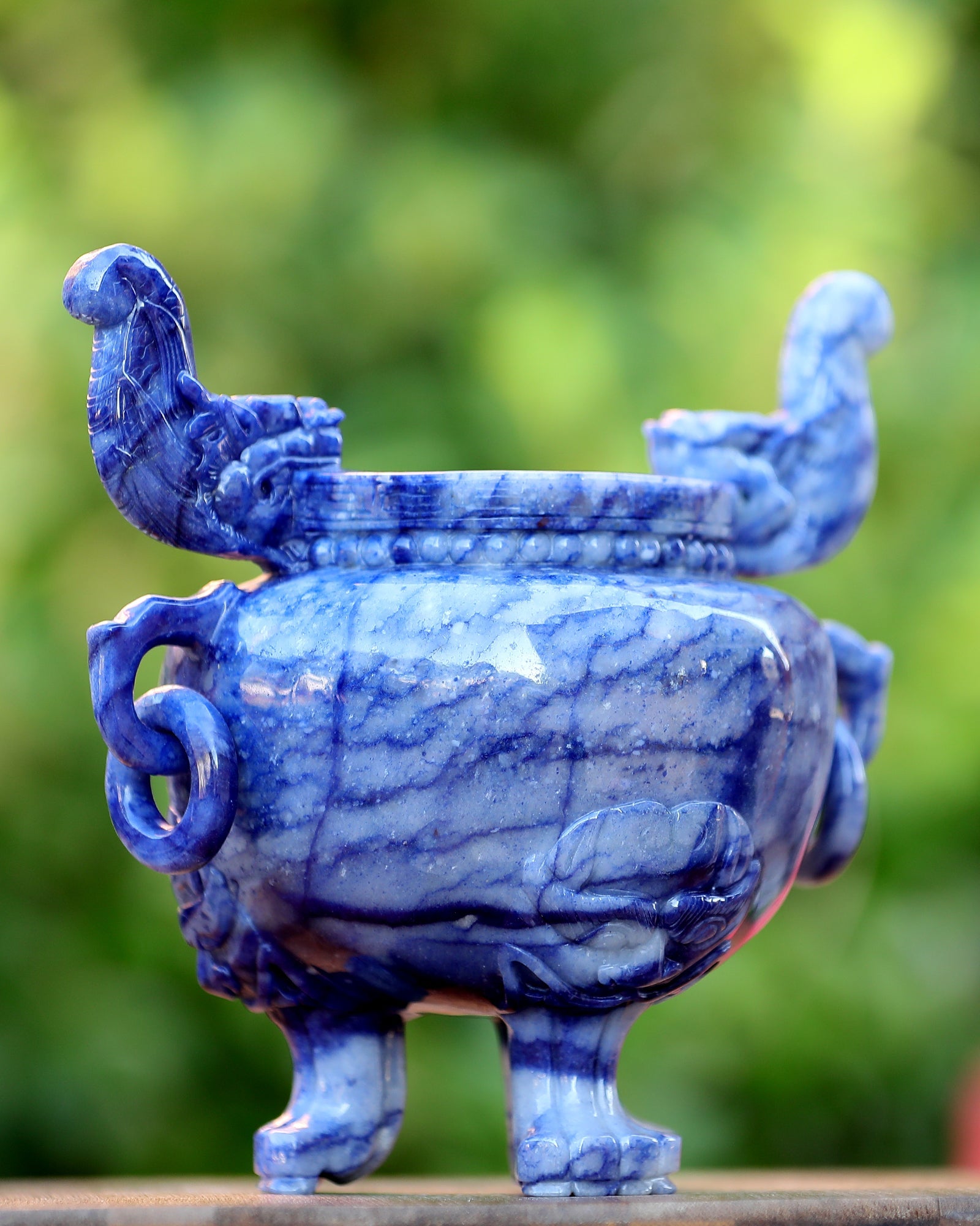 Nicedony 8.3” Natural Blue Aventurine Hand Carved 3 Foot Censer - View 2