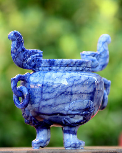Nicedony 8.3” Natural Blue Aventurine Hand Carved 3 Foot Censer - View 2